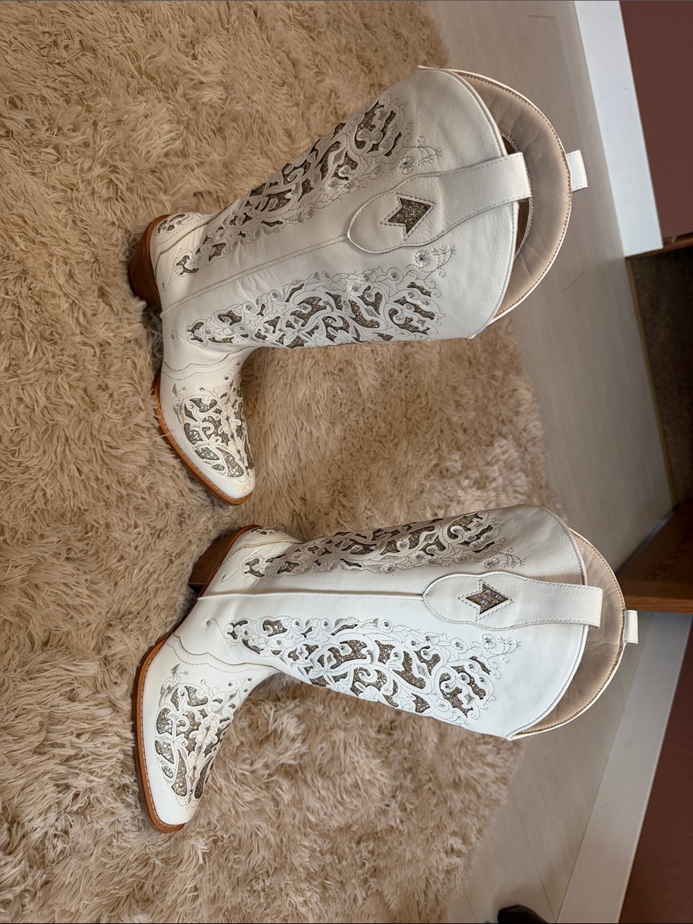White Western Cutout Leather Cowboy Boots